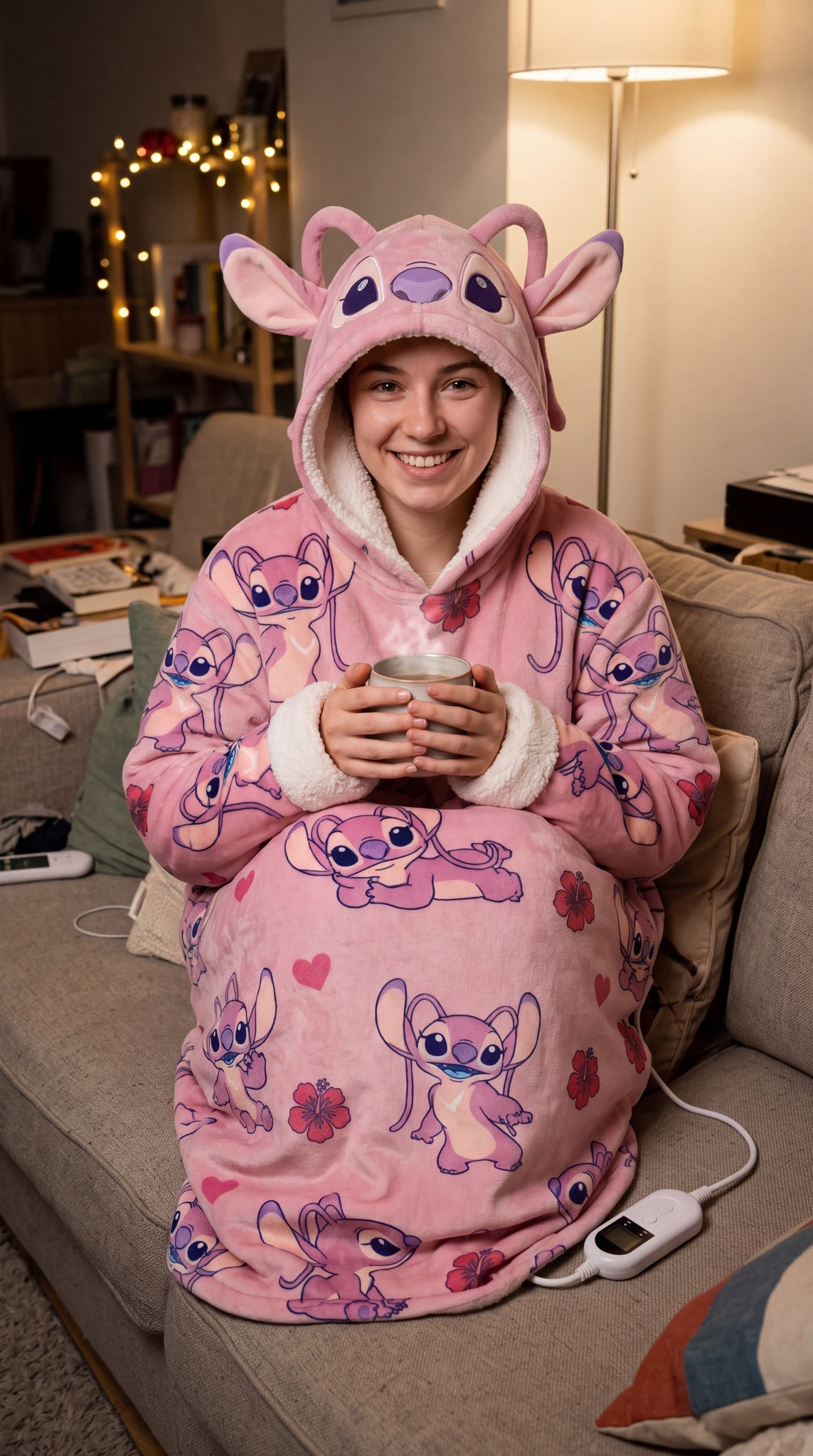 Femme dans le plaid Angel avec une tasse, salon cosy le soir