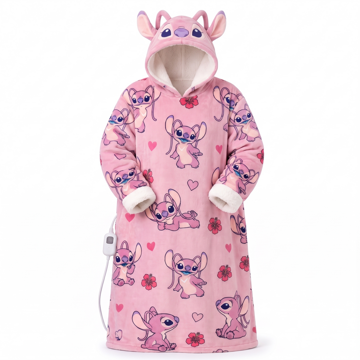 Plaid chauffant à capuche Angel rose, vu de face, avec sa télécommande