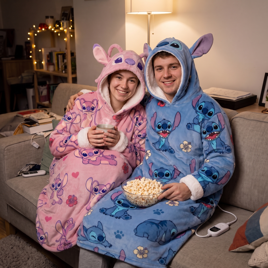 Couple sur un canapé dans les plaids Stitch et Angel avec du pop-corn